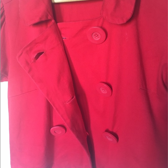 Boxy Red Double Breasted Puff Sleeve Twill Jacket - Picture 6 of 7